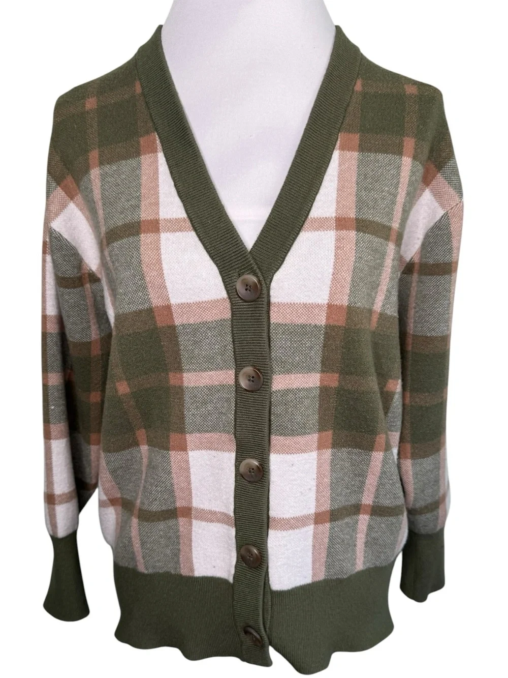 Rachel Zoe Plaid V-Neck Soft Knit Cardigan Olive Green Tan Medium